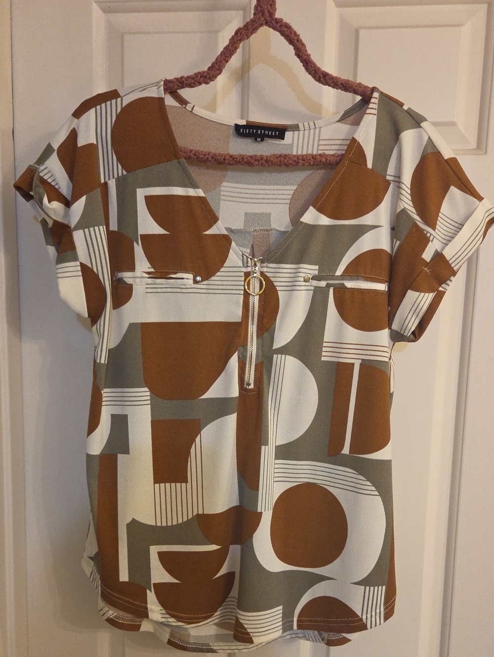 Brown & Cream Geometric Zip-Front Women's Top